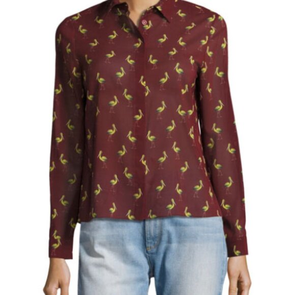 Alice + Olivia Willa Bird-Print Silk Shirt Size XP - Picture 3 of 10